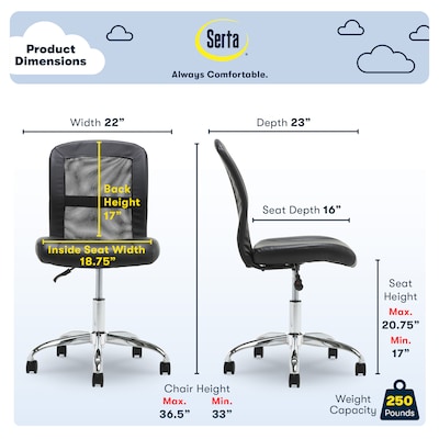 Serta Essentials Armless Ergonomic Bonded Leather/Mesh Swivel Task Chair, Black (48740)