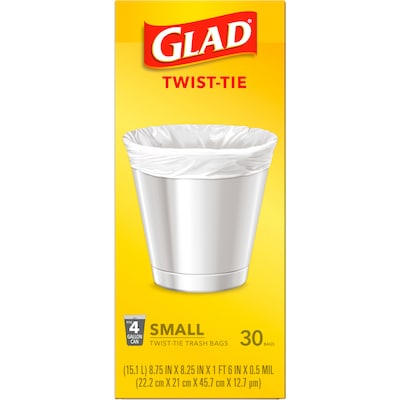 Glad Small 4 Gallon Twist-Tie Kitchen Trash Bag, White, 30 Total Bags (78817)