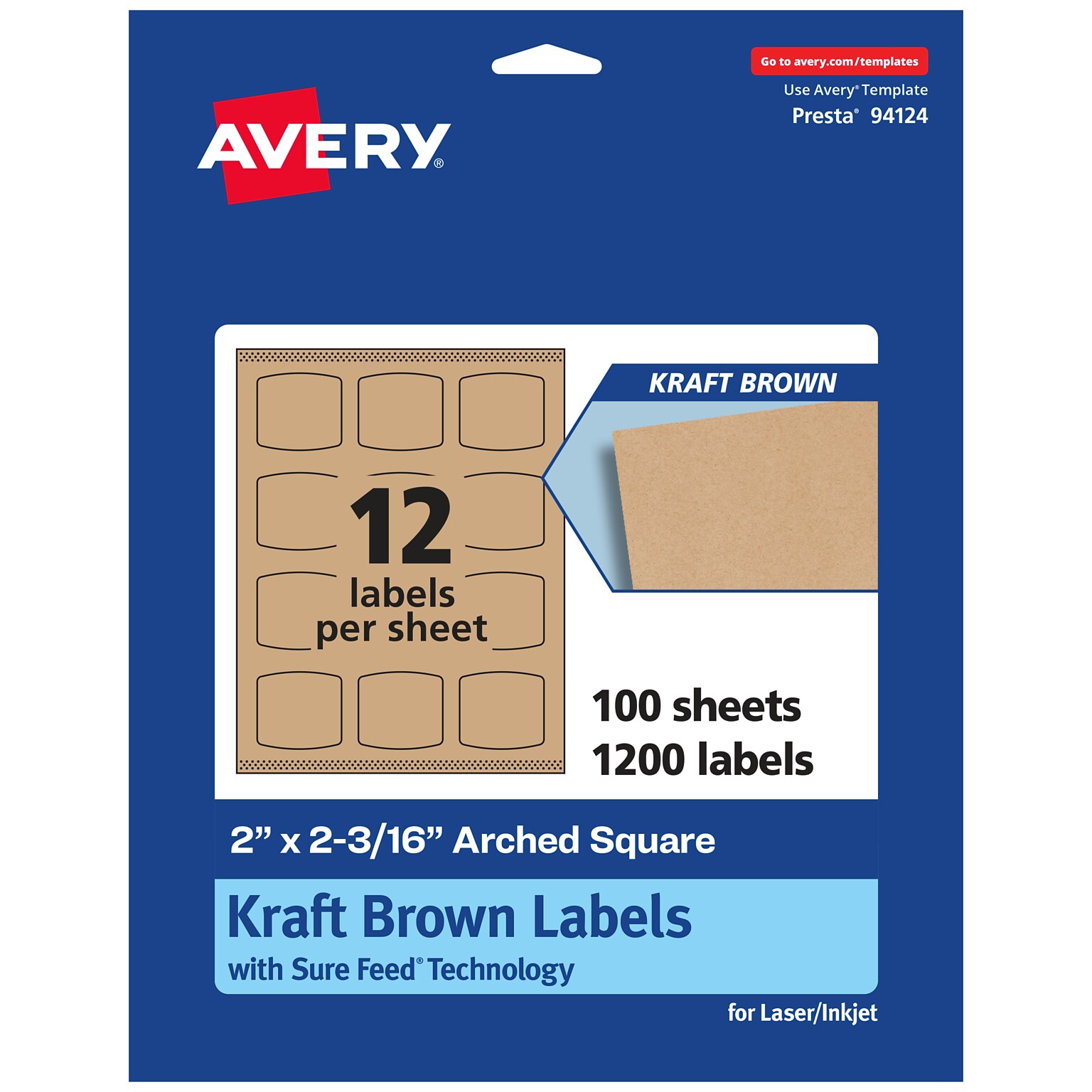 Avery Laser/Inkjet Square Multipurpose Labels, 2 x 2-3/16, Kraft Brown, 1200 Labels/Box ( 94124)
