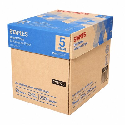 Staples 8.5 x 11 Multipurpose Paper, 22 lbs., 98 Brightness, 2500/Carton (16345-US)