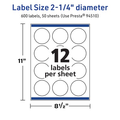 Avery TrueBlock Laser/Inkjet Circle Multipurpose Labels, 2.25" Dia., White, 600/Box (94510)