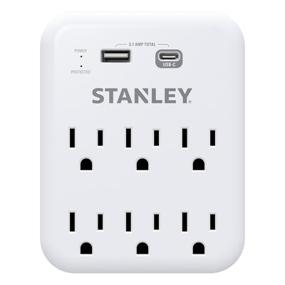 STANLEY SurgePro 1200 6-Outlet Extreme Surge Protector Wall Tap with Phone Shelf & 2-USB Ports, 1200 Joules, White (30426)