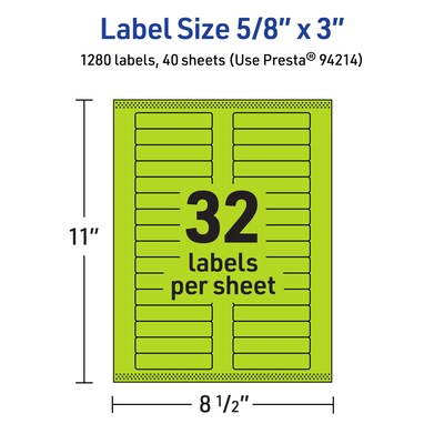 Avery Printable Rectangle Multipurpose Labels, 5/8" x 3", Bright Green, 1280/Pack (94214)