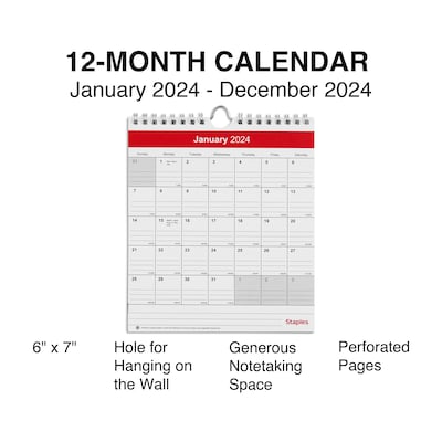 2024 Staples 6" x 7" Wall Calendar, Red/White (ST53923-24)