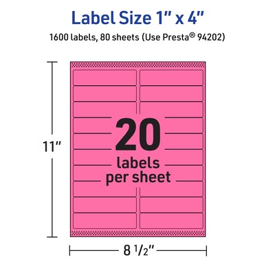 Avery Laser/Inkjet Rectangle Multipurpose Labels, 1" x 4", Bright Pink, 1600/Box (94202)