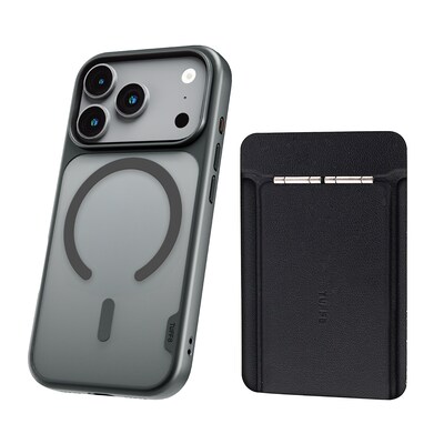 TUFF8 GlideGuard MagSafe Phone Case for iPhone 18 Pro with Foldable Origami Wallet Stand, Smoke Black/Black (KITLIB18PRO02)