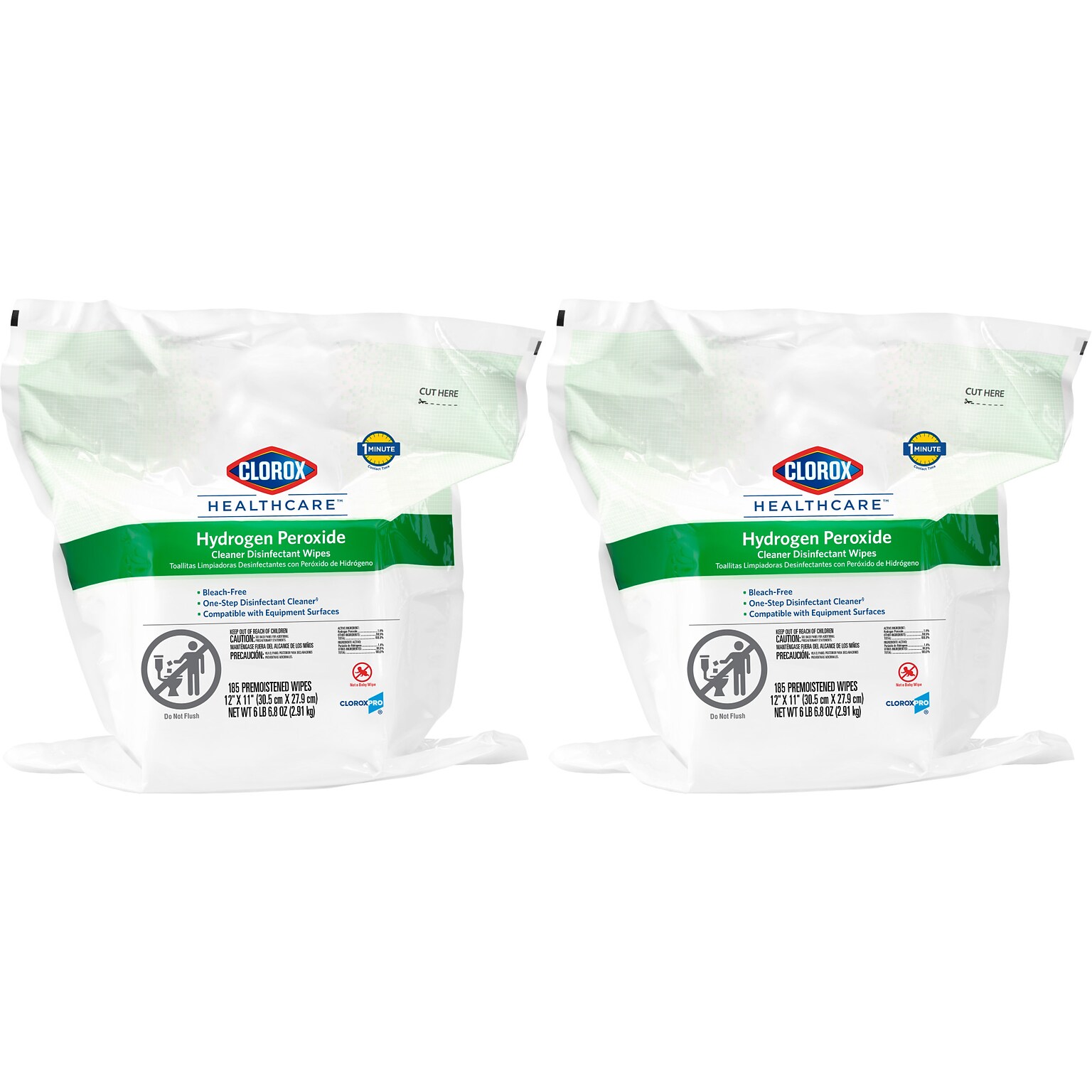 Clorox Healthcare Hydrogen Peroxide Cleaner Disinfectant Wipes, 185 Wipes/Container, 2/Carton (30827)