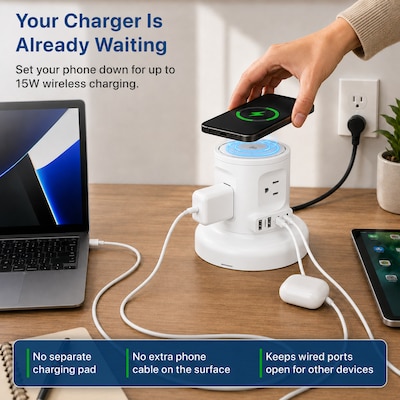 Uncaged Ergonomics USB-C Wireless 6 ft. Retractable Power Strip with 15W Wireless Charger, 4-Outlet, White (WRPS-2-White)