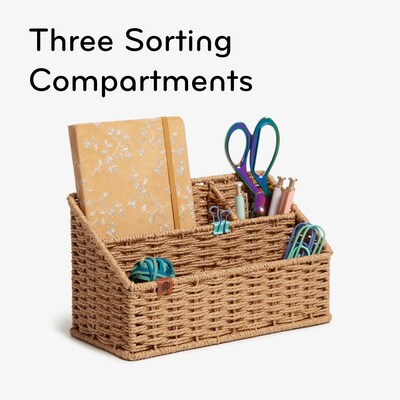 U Brands Woven 3-Compartment Paper Rope/Metal Desk Organizer, Brown (6086U01-04)