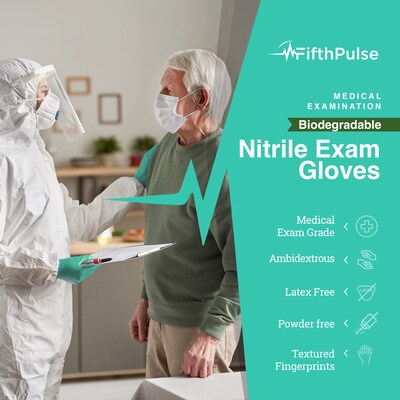 FifthPulse Biodegradable Powder Free Nitrile Exam Gloves, Latex Free, Medium, Green, 150 Gloves/Box (FMN100550)