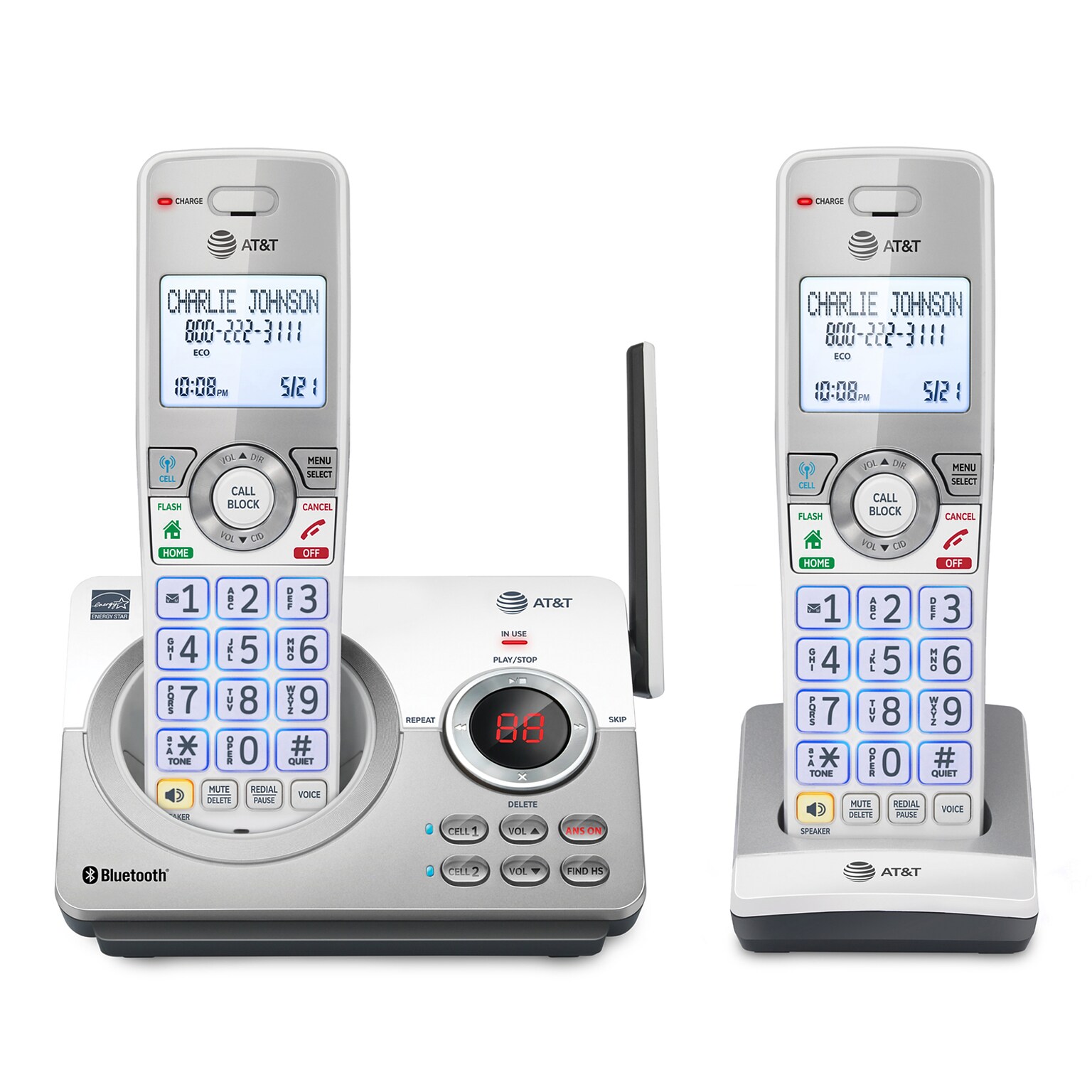 AT&T 2-Handset DECT 6.0 Expandable Cordless Phone System for Landline with Answering System, White/Silver (DL72210)