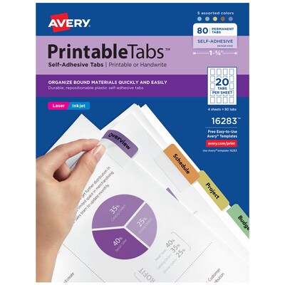 Avery Printable Self-Adhesive Plastic Tabs, 1-3/4, Assorted Colors, 80/Pack (16283)