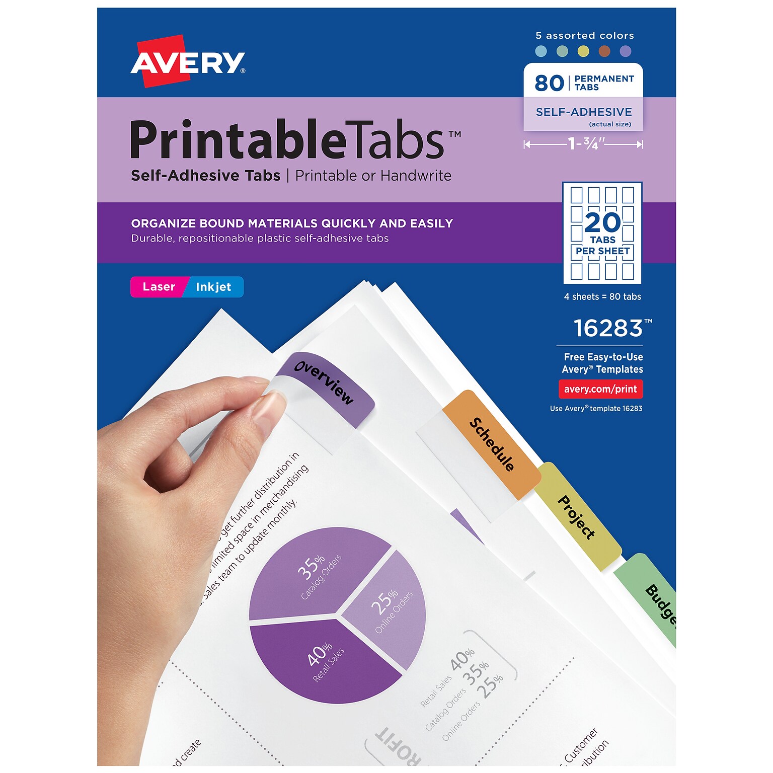 Avery Printable Self-Adhesive Plastic Tabs, Assorted Colors, 20 Tabs/Sheet, 4 Sheets/Pack (16283)