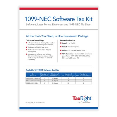 ComplyRight TaxRight 2023 1099-NEC Tax Form Kit with eFile Software & Envelopes, 4-Part, 25/Pack (NE