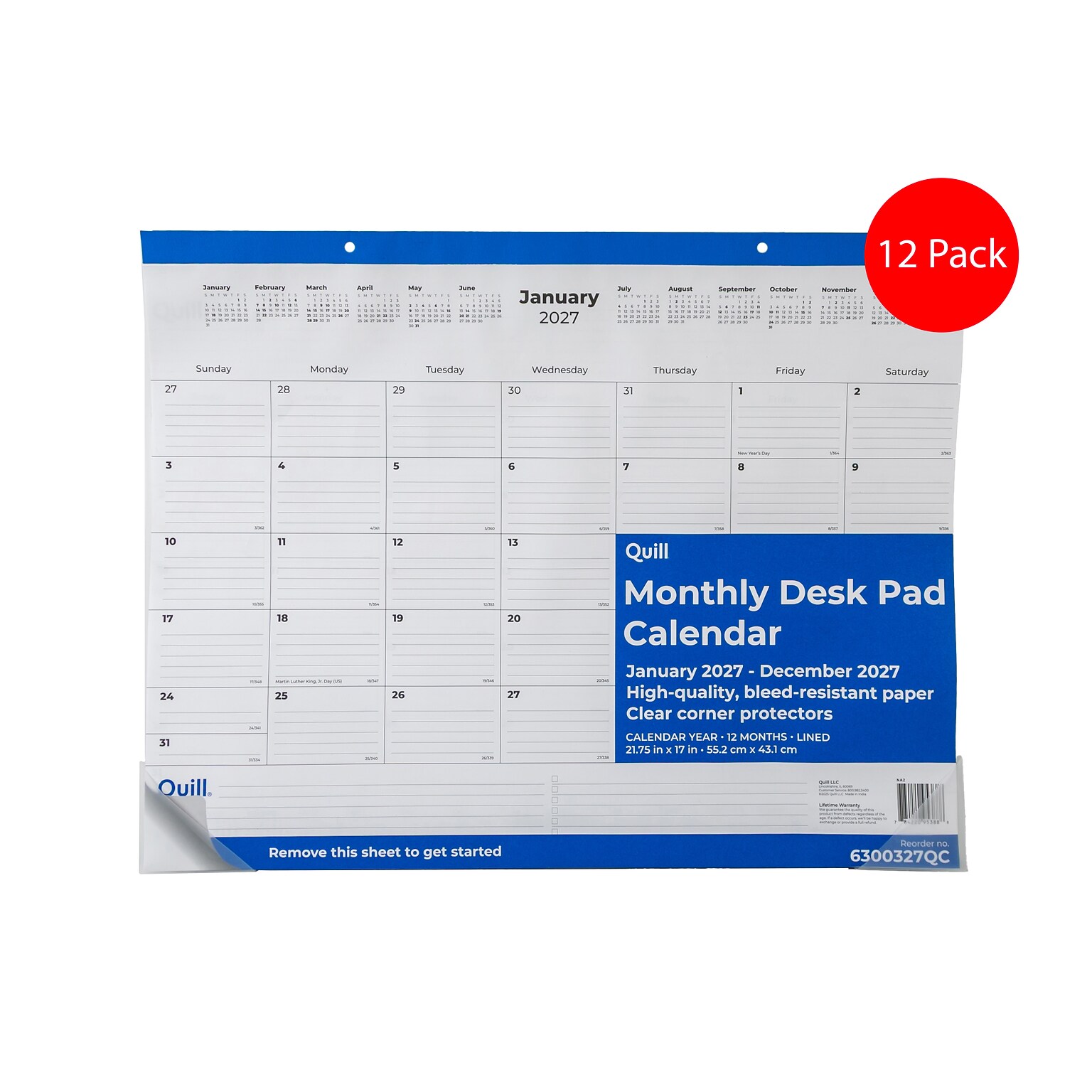 2027 Quill Brand® 22 x 17 Monthly Desk Pad, White/Blue 12 Pack (63003-27-QCC)
