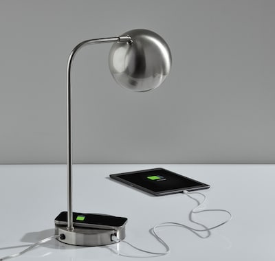 Adesso Emery SuperCharger Incandescent Desk Lamp, 19"H, with USB Port, Brushed Steel (2624-22)