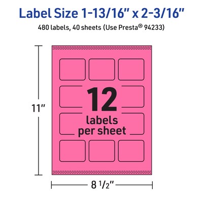 Avery Rectangle Laser/Inkjet Multipurpose Labels, 1-13/16" x 2-3/16", Bright Pink (480/Box)