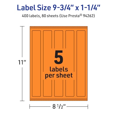 Avery Laser/Inkjet Multipurpose Rectangle Labels, 9.75" x 1.25", Bright Orange, 400/Box (94262)