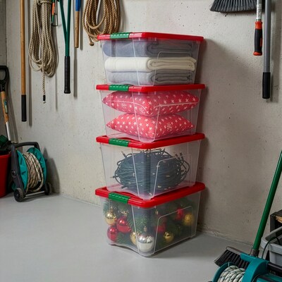 Iris Holiday Large Stackable Plastic Storage Box, 13" x 16.5" x 22", 54 Qt., Clear/Red, 4/Pack (500531)