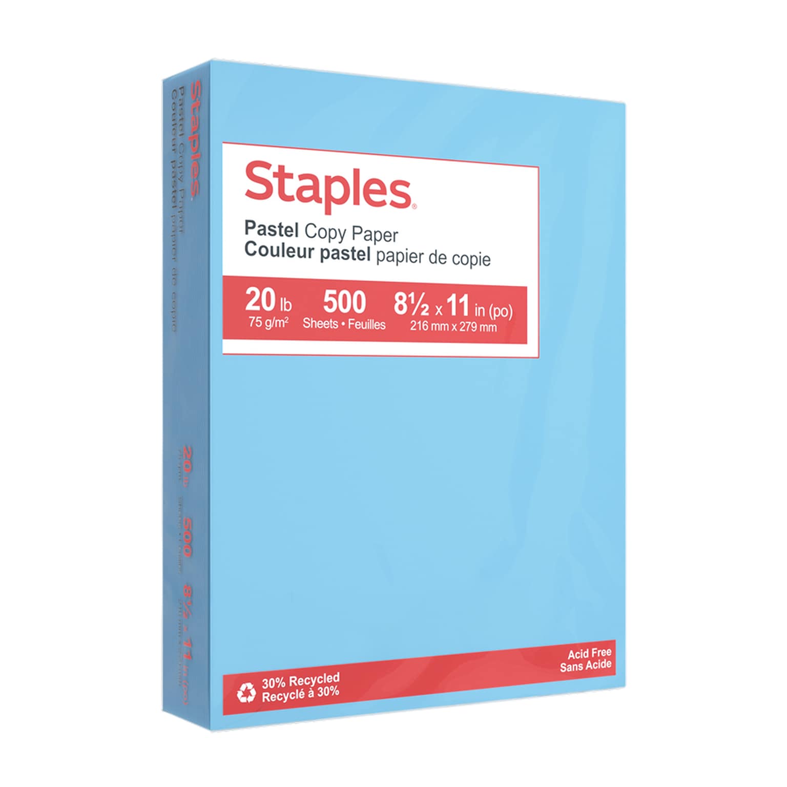 Staples Pastel 30% Recycled Color Copy Paper, 20 lbs., 8.5 x 11, Blue, 500/Ream (14786)