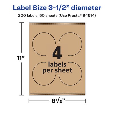 Avery Laser/Inkjet Circle Multipurpose Labels, 3.5" Dia., Kraft Brown, 200 Labels/Box ( 94514)