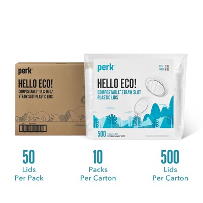 Perk™ Eco Compostable Straw Slot Plastic Lid, 12/16 Oz., Clear, 500/Pack (PK56198)