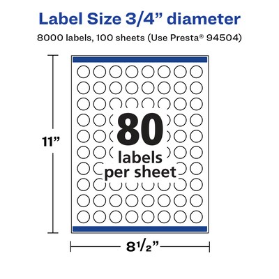 Avery Laser/Inkjet Circle Multipurpose Labels, 0.75"  Dia, Glossy White, 8000/Box (94504)