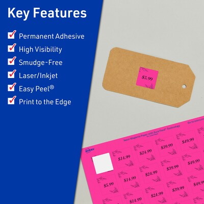 Avery Laser/Inkjet Square Multipurpose Labels, 1" x 1", Neon Magenta, 3840/Box (94103)