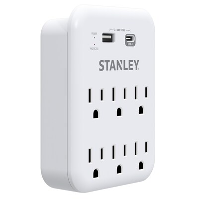 STANLEY SurgePro 1200 6-Outlet Extreme Surge Protector Wall Tap with Phone Shelf & 2-USB Ports, 1200
