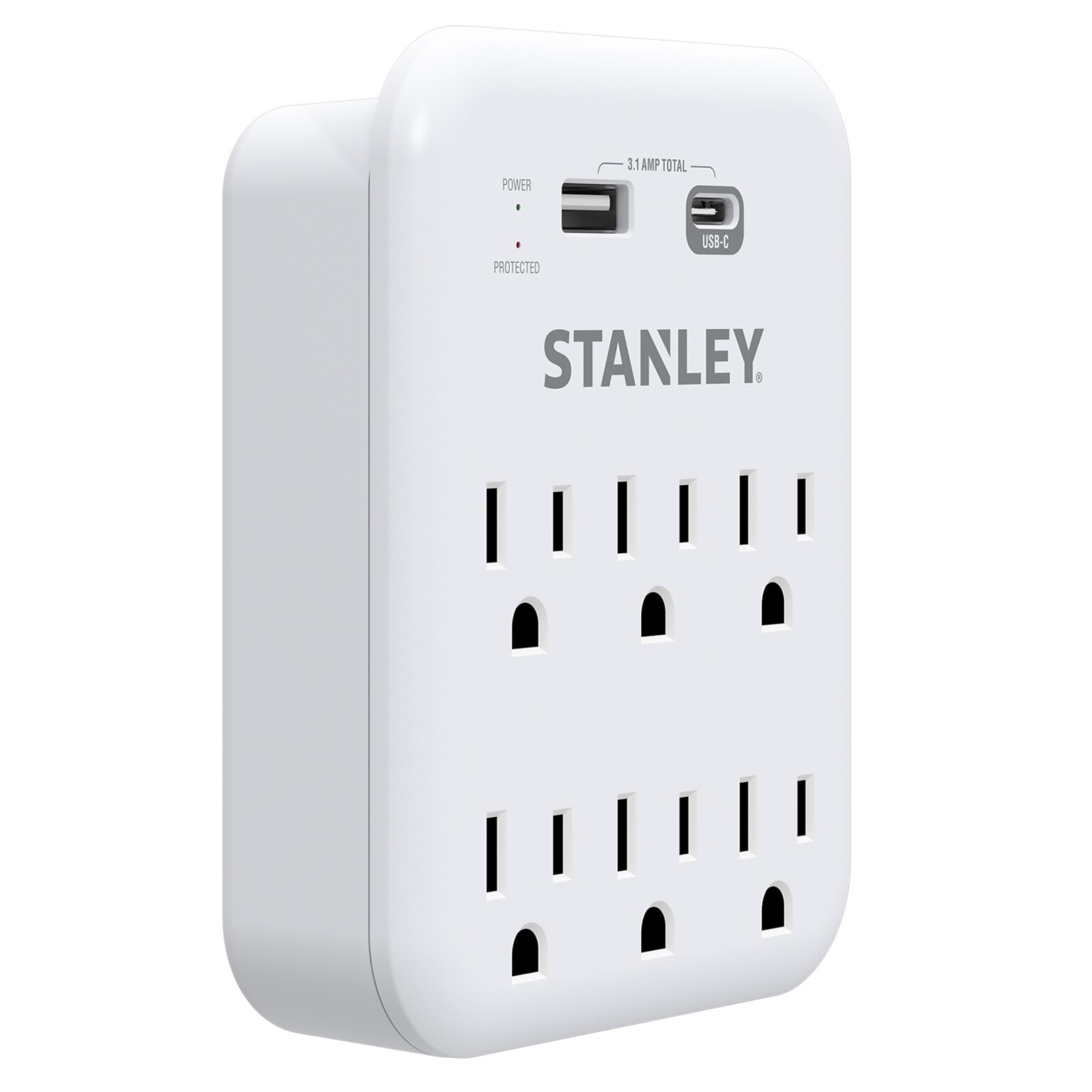 STANLEY SurgePro 1200 6-Outlet Extreme Surge Protector Wall Tap with Phone Shelf & 2-USB Ports, 1200 Joules, White (30426)