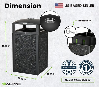 Alpine Industries Steel Outdoor Trash Can with Dome Lid and Ashtray, 40 Gallon, Gray Stone (472-40-GRYS)