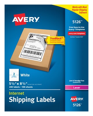 Avery TrueBlock Laser Shipping Labels, 5-1/2 x 8-1/2, White, 2 Labels/Sheet, 100 Sheets/Box (5126)
