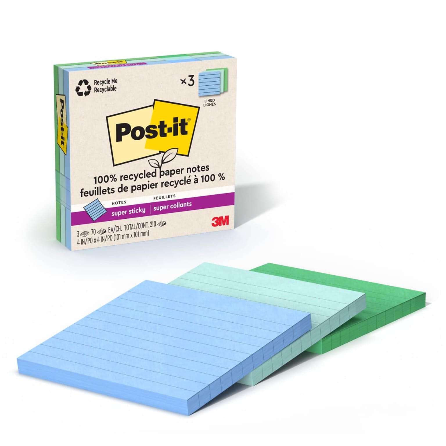 Post-it Oasis Recycled Super Sticky Notes, 4 x 4, Oasis Collection, Lined, 70 Sheets/Pad, 3 Pads/Pack (675R-3SST)