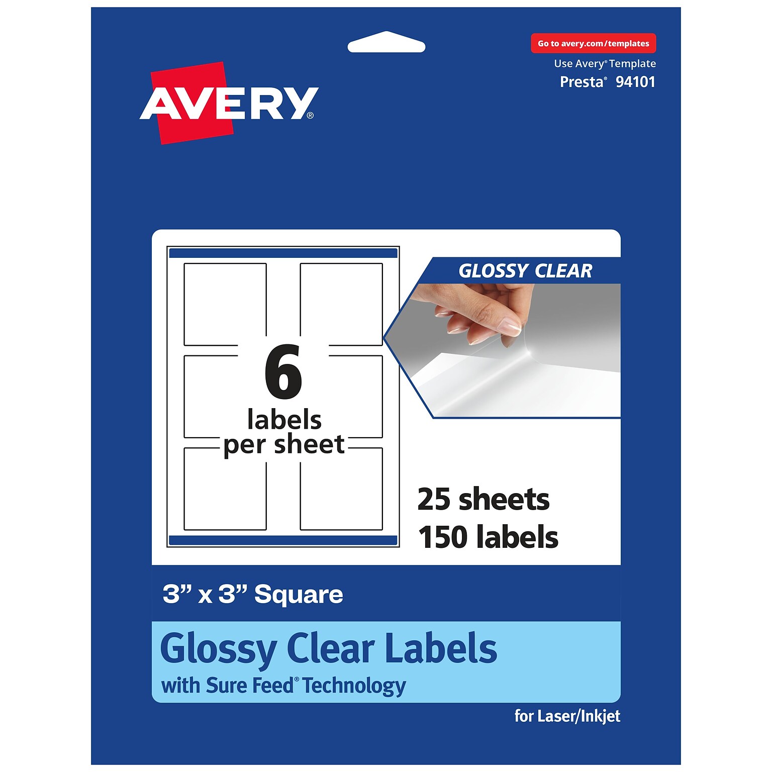 Avery Laser/Inkjet Square Glossy Clear Labels, 3 x 3, Glossy Clear, 150 Labels/Pack (94101)