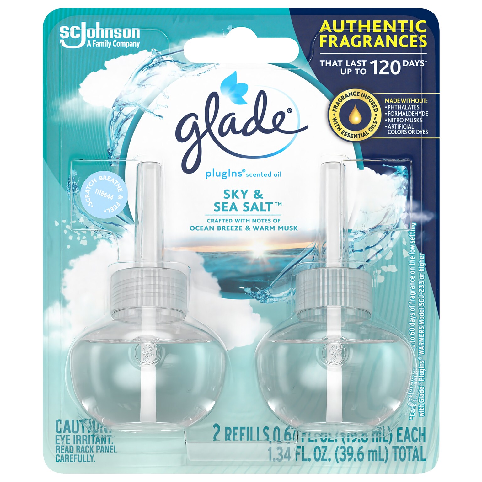 Glade PlugIns Scented Oil Air Freshener Diffuser Refill, Sky & Sea Salt, 1.34 oz, 2/Pack (375770)