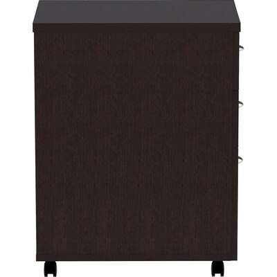 Lorell Essentials 3-Drawer Mobile Pedestal Cabinet, Letter/Legal Size, Lockable, 28.3"H x 16"W x 22"D, Espresso/Silver Brush