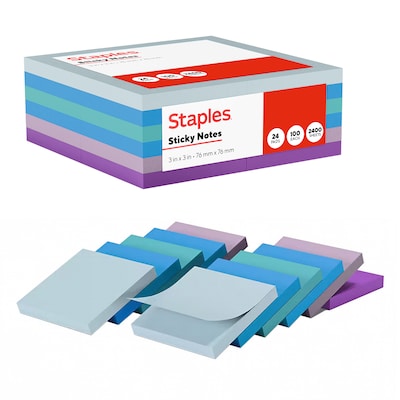 Staples Sticky Notes, 3 x 3, Watercolor Colors, 2400 Sheets – Decorative Self-Stick Notes for Messages, Planning & Journaling