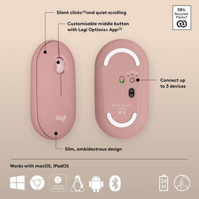 Logitech Pebble 2 M350s Wireless Ambidextrous Optical Mouse, Tonal Rose (910-007023)