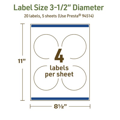 Avery Dissolvable Circle Multipurpose Labels, 3.5" Dia., Off-white, 20/Pack (94514)