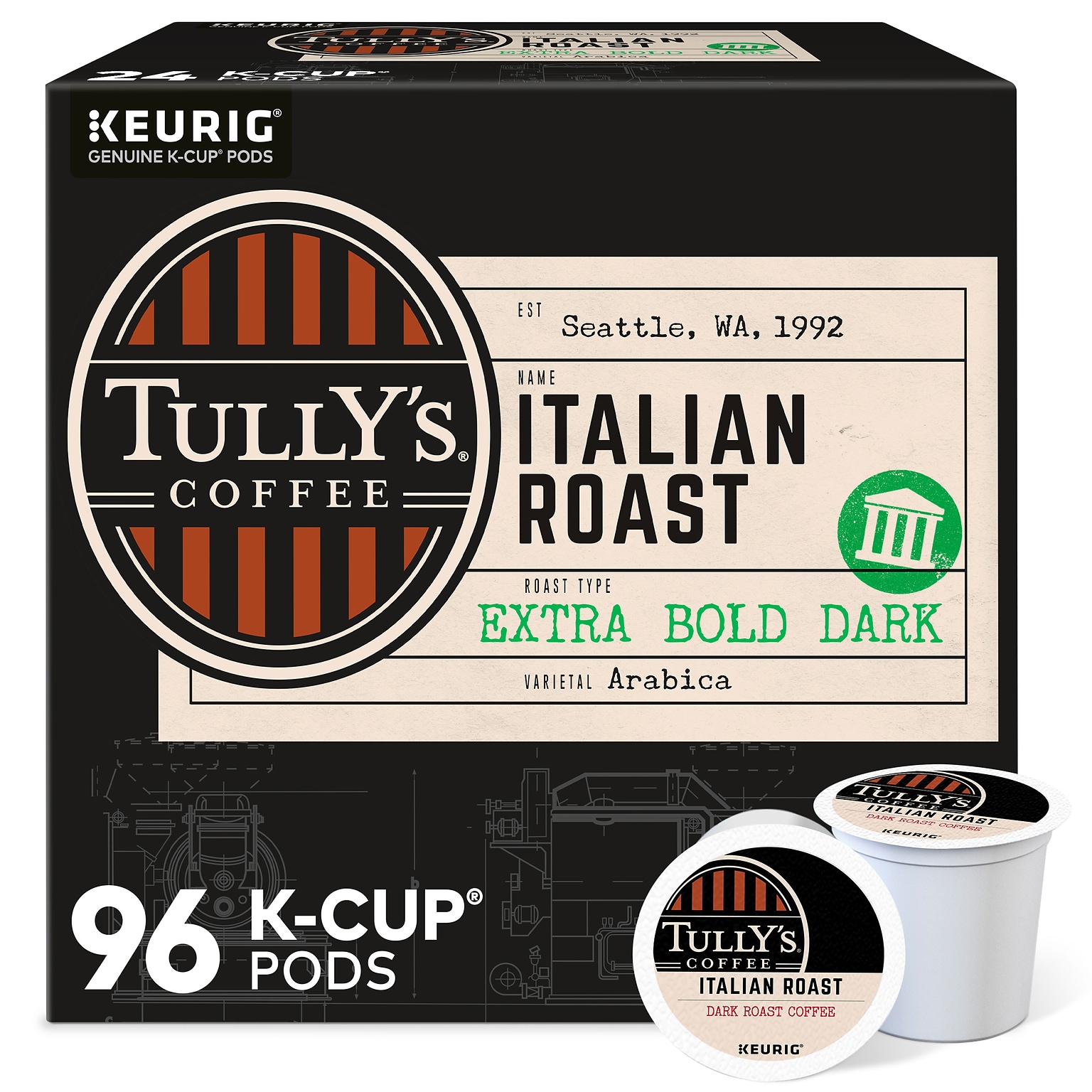 Tullys Italian Roast Coffee Keurig® K-Cup® Pods, Dark Roast, 96/Carton (700288)