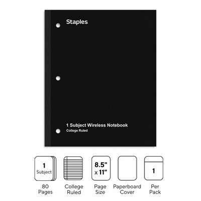 Staples Wireless 1-Subject Notebook, 8.5" x 11", College Ruled, 80 Sheets, Black (ST58377C)