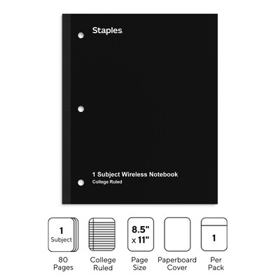 Staples Wireless 1-Subject Notebook, 8.5 x 11, College Ruled, 80 Sheets, Black (ST58377C)