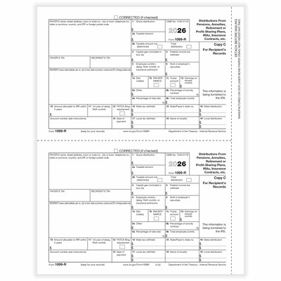 ComplyRight 2026 1099-R Tax Form, 1-Part, 2-Up, Recipient Copy C, 50/Pack (514250)