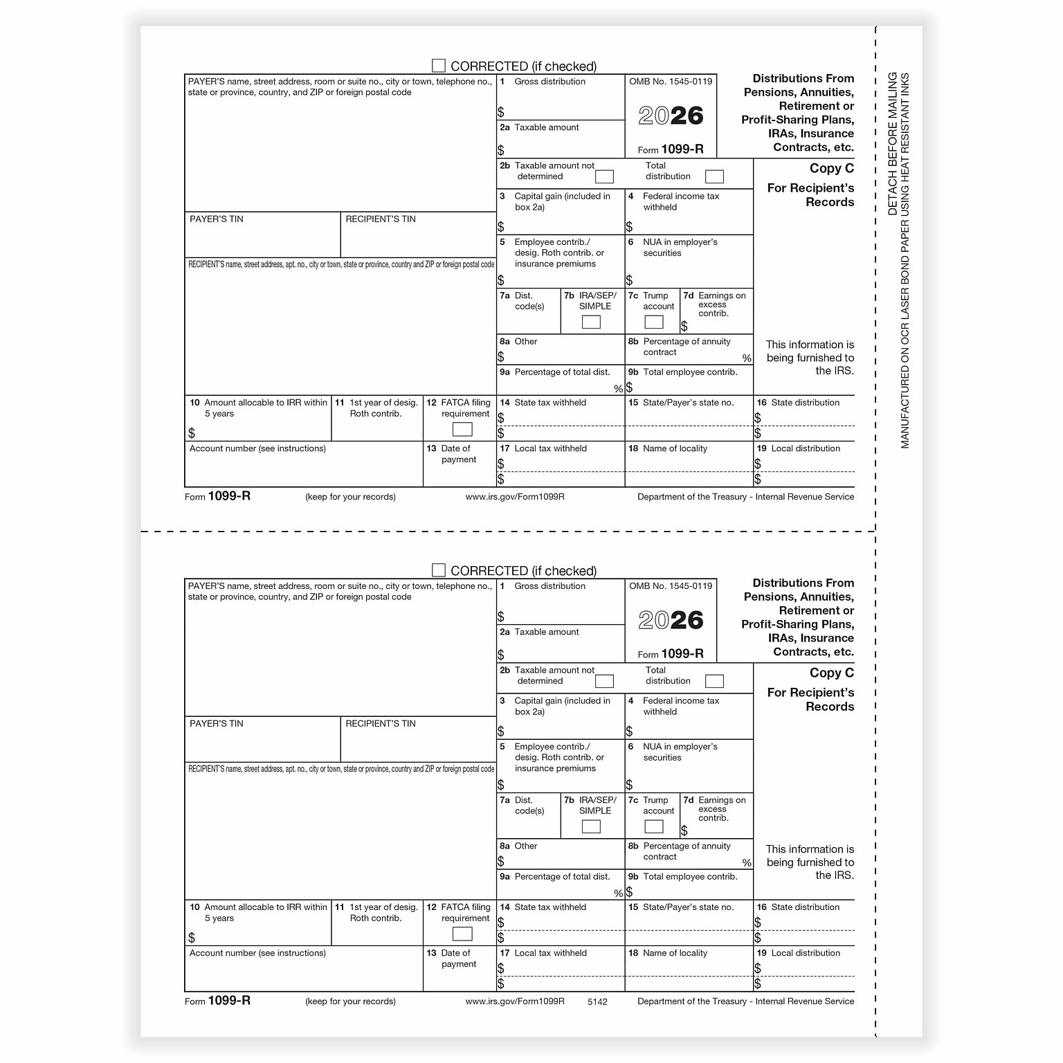 ComplyRight 2026 1099-R Tax Form, 1-Part, 2-Up, Recipient Copy C, 50/Pack (514250)