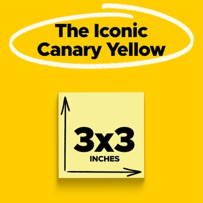 Post-it Sticky Notes, 3 x 3 in., 12 Pads, 100 Sheets/Pad, Canary Yellow, Lined, The Original Post-it Note