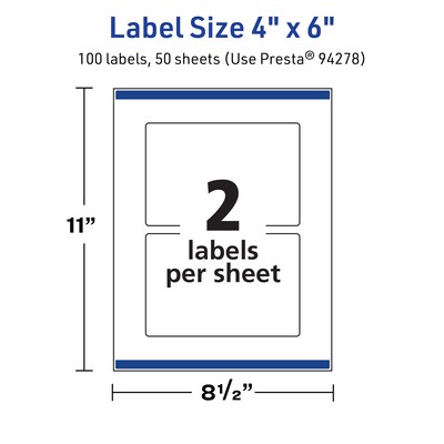 Avery TrueBlock Laser/Inkjet Rectangle Multipurpose Labels, 4" x 6", White, 100/Box (94278)