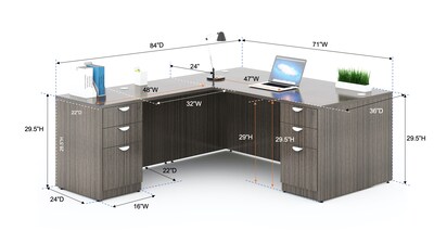 Boss Office Products 71" Executive L-Shape Corner Desk with Dual File Storage Pedestals, Driftwood (GROUPA11-DW)