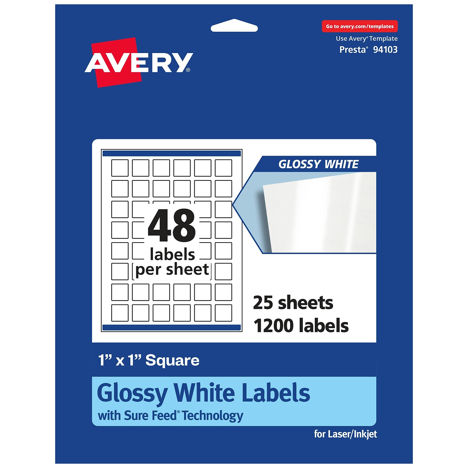 Avery Laser/Inkjet Square Labels, 1 x 1, Glossy White, 1,200 Labels/Pack (94103)
