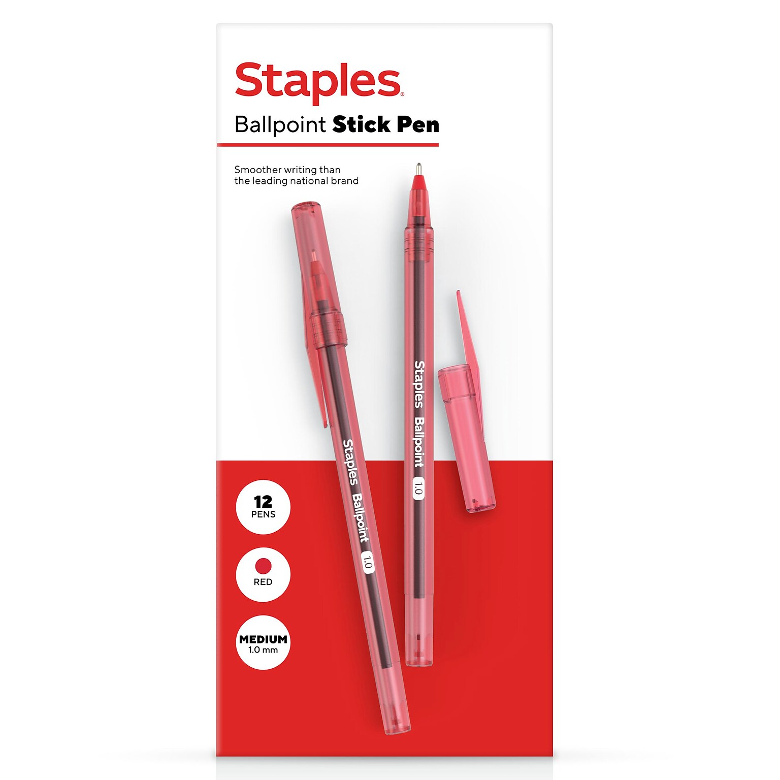 Staples Ballpoint Pen, Medium Point, 1.0mm, Red Ink, Dozen (ST52859	)