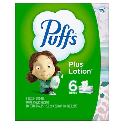 Puffs Plus Lotion Facial Tissue, 2-ply, 124 Tissues/Box, 6 Boxes/Pack (39383)